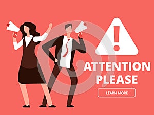 Attention vector banner or web page template with cartoon man and woman with megaphones