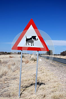 Attention warthogs crossing, road sign in Namibia