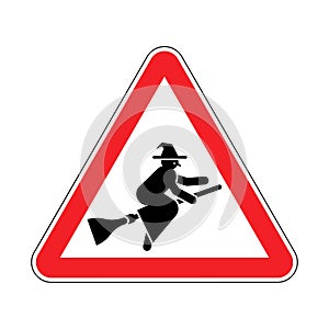 Attention Witch sign. Caution hag symbol. Red road sign