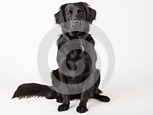 Attentive Black Dog Sitting on White Background