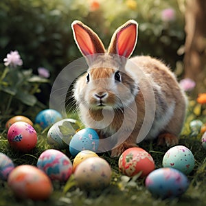 attentive ears sits amidst colorful Easter eggs in a vibrant garden blooming with flowers. Ai-Generated Images