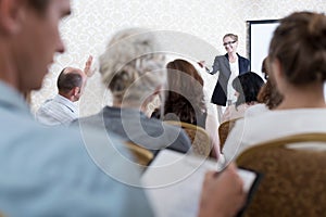 Attentive listener during scientists convention