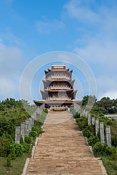 The attic of Chinese traditional ancient architecture is the whole and part of Mazu Pavilion in Putian, China photo