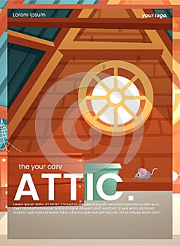 The attic flyer design. An old room interior for banner concept. A vector cartoon illustration