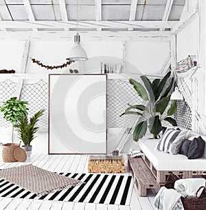 Attic interior design idea with hammock, scandinavian boho style