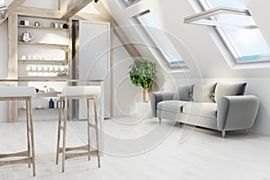 Attic kitchen with a bar, sofa