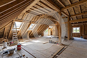 Spacious attic under construction with exposed wooden beams photo