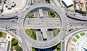 Attiki Odos toll road interchange with Kifisias Avenue, Marousi Athens, Greece. Aerial drone view photo