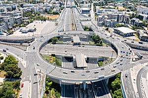 Attiki Odos toll road interchange with Kifisias Avenue, Marousi Athens, Greece. Aerial drone view photo