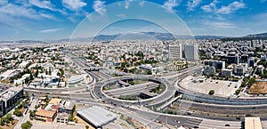 Attiki Odos toll road interchange with Kifisias Avenue, Marousi Athens, Greece. Aerial drone view photo