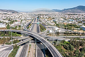 Attiki Odos toll road interchange and National highway in Attica, Athens, Greece. Aerial drone view photo