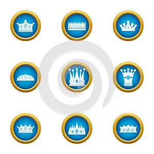 Attire crown icons set, flat style