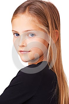 Attitude, confident and portrait of child on a white background with pride, beauty and positive facial expression