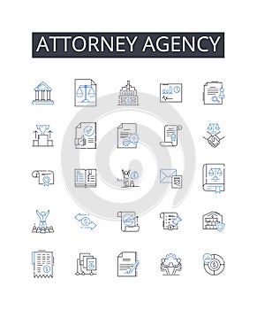 Attorney agency line icons collection. Counsel firm, Advocate bureau, Lawyer company, Solicitor office, Legal agency