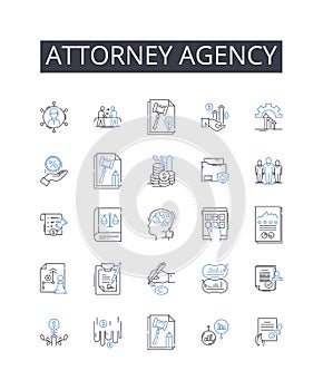 Attorney agency line icons collection. Counsel firm, Advocate bureau, Lawyer company, Solicitor office, Legal agency