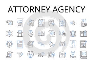 Attorney agency line icons collection. Counsel firm, Advocate bureau, Lawyer company, Solicitor office, Legal agency
