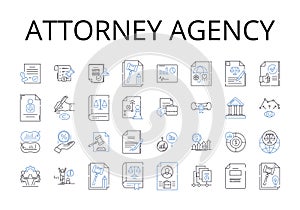 Attorney agency line icons collection. Counsel firm, Advocate bureau, Lawyer company, Solicitor office, Legal agency