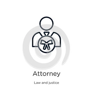 Attorney icon. Thin linear attorney outline icon isolated on white background from law and justice collection. Line vector