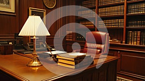 attorney's cherry wood desk in a law office photo