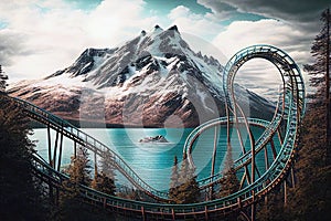Attracchion Roller Coaster With Beautiful Scenery Near The Blue Lake With Mountains. Generative AI