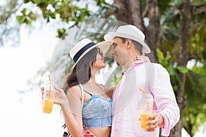 Attracive Couple Kiss Over Sea Landscape Background Young Tourists Man And Woman Lovers On Vacation