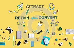 Attract convert retain concept with electronic gadgets and office supplies