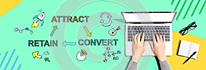 Attract convert retain concept with person using a laptop