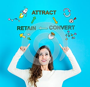 Attract, Convert, Retain with young woman looking upwards photo