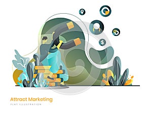 Attract Marketing flat illustration concept of men attracting consumers using magnets