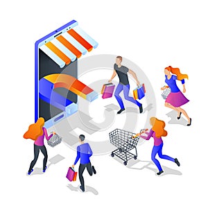 Attraction buyers business concept. Vector 3d isometric illustration. Customer engagement marketing campaign