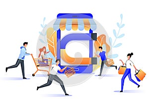 Attraction buyers to online store sale. Big magnet attracts customers, marketing business strategy. Vector illustration