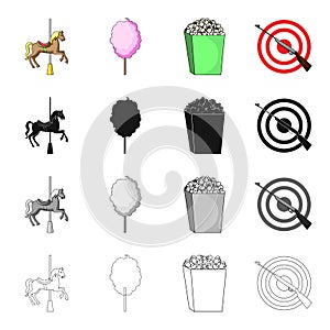 Attraction carousel, sweet cotton wool, popcorn, entertainment shooting range. Amusement park set collection icons in