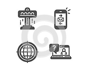 Attraction, Seo internet and Mail icons. Faq sign. Free fall, Globe, Smartphone communication. Web support. Vector