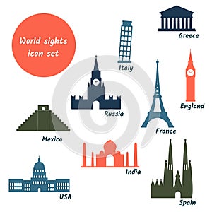 Attractions icon set. World famous sights. Travel, journey concept