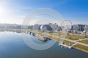 Attractions at the Visla river in Krakow Poland. ballon and Ferris wheel