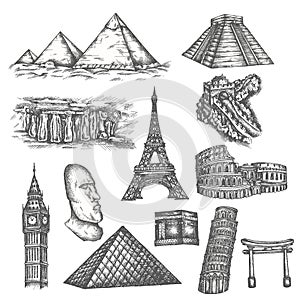 Attractions of the world in sketch style. Famous sights of the world. Travel set with pyramids, eiffel tower, colosseum