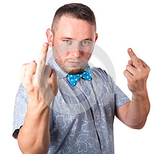 Attractive adult man with beard in a blue bow tie in summer shirt shows indecent gesture with hands photo