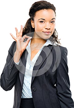 Attractive African American businesswoman okay sign isolated on