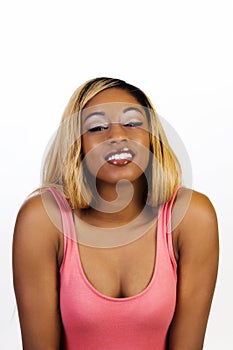 Attractive African American Woman Blond Wig Smiling