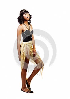Attractive African American Woman Standing Leotards Golden Shawl photo