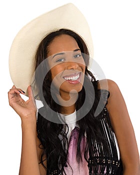 Attractive African American woman in a white hat