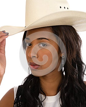 Attractive African American woman in a white hat