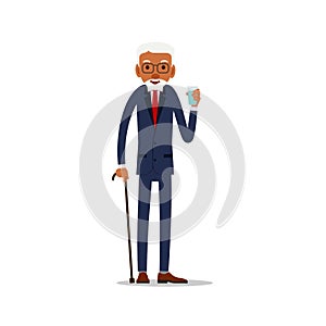 Attractive african old man with glass of water. Black senior retired. Cute grandfather standing and smiling. Traditional