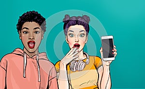 Attractive amazed young women with mobile phone in hand. Wow girls in comic style. Pop art woman holding smartphone.