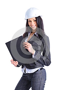 Attractive architect girl with hard hat