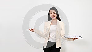 Attractive Asian businesswoman in formal business suit open her palms, isolated white background