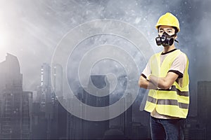 Attractive asian construction worker with protective mask