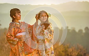 Attractive Asian woman wearing traditional Japanese Kimono