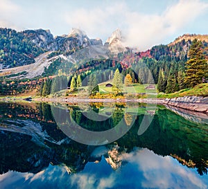 Attractive autumn scene of Vorderer  Gosausee  lake. Splendid morning view of Austrian Alps, Upper Austria, Europe. Beauty of