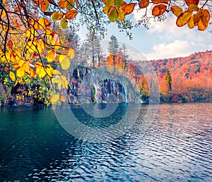 Attractive autumn view of lake and waterfall in Plitvice National Park,  Croatia,